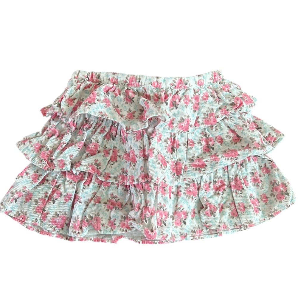 Floral Corduroy Tiered Ruffle Skirt Pink Blue White Cottagecore Girls
